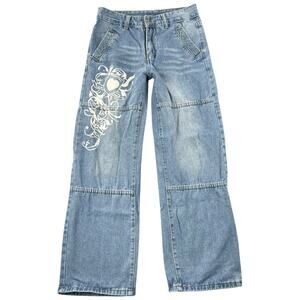 Y2K Jeans Wide Leg Graphic Heart Panel Denim Jeans Light Wash Size M (W28)